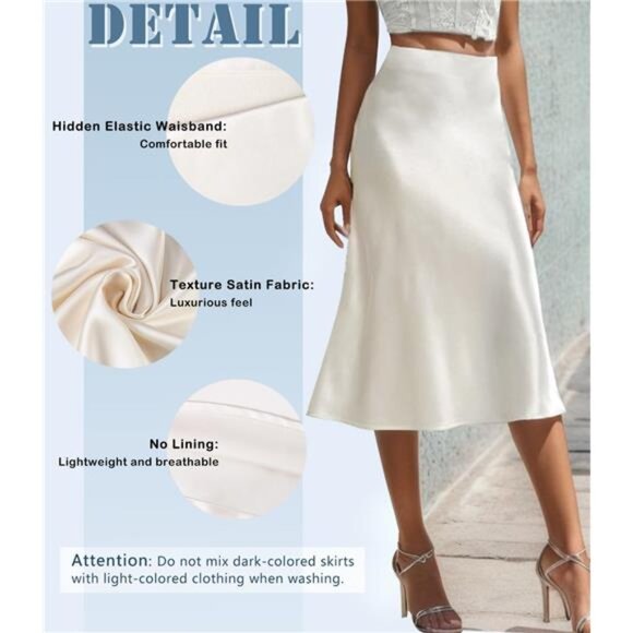 Women's Satin High Waist Hidden Elasticized Waistband Flared Casual A Line Midi - Picture 4 of 7